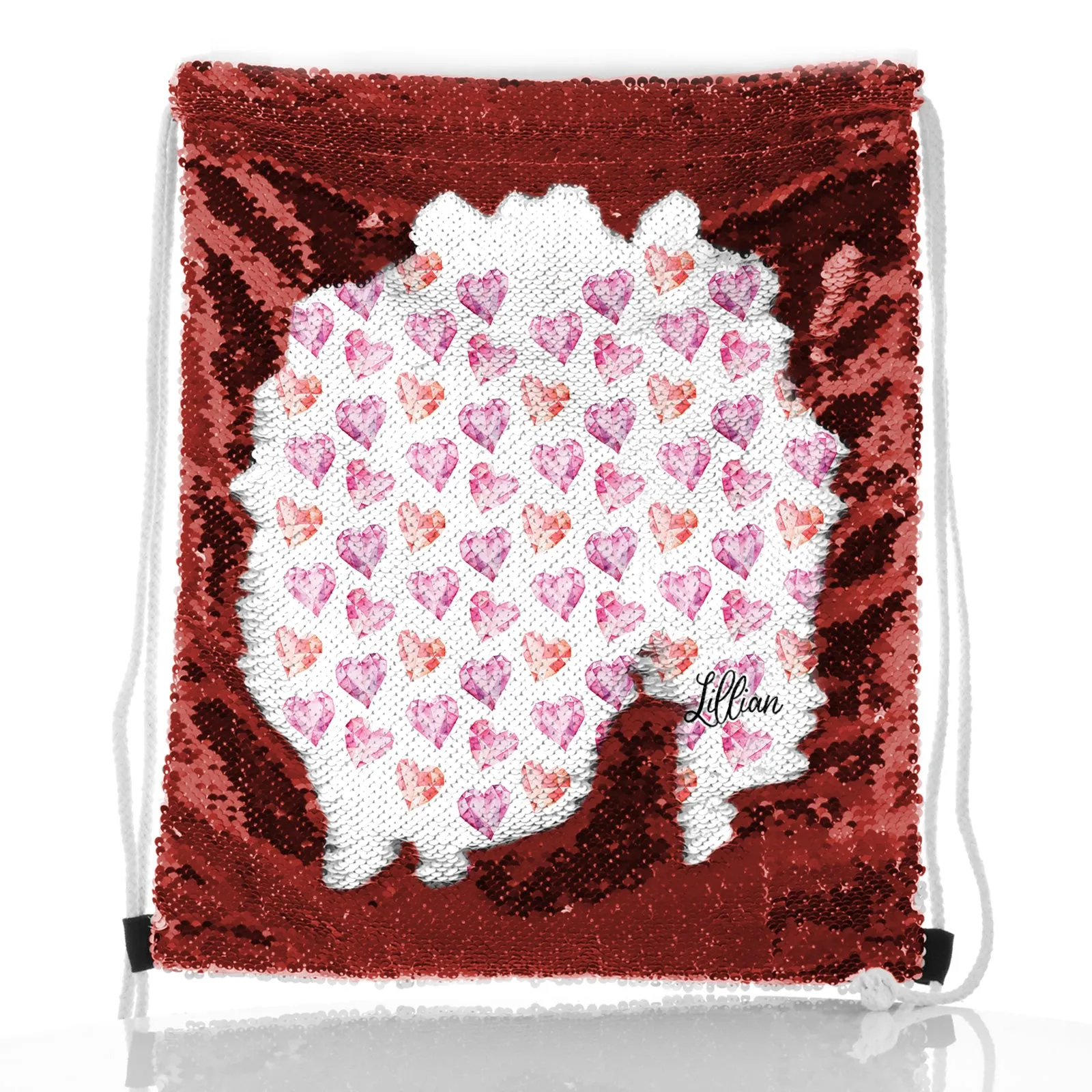 Personalised Sequin Drawstring Backpack with Stylish Text and Crystal Hearts Print