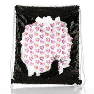 Personalised Sequin Drawstring Backpack with Stylish Text and Crystal Hearts Print