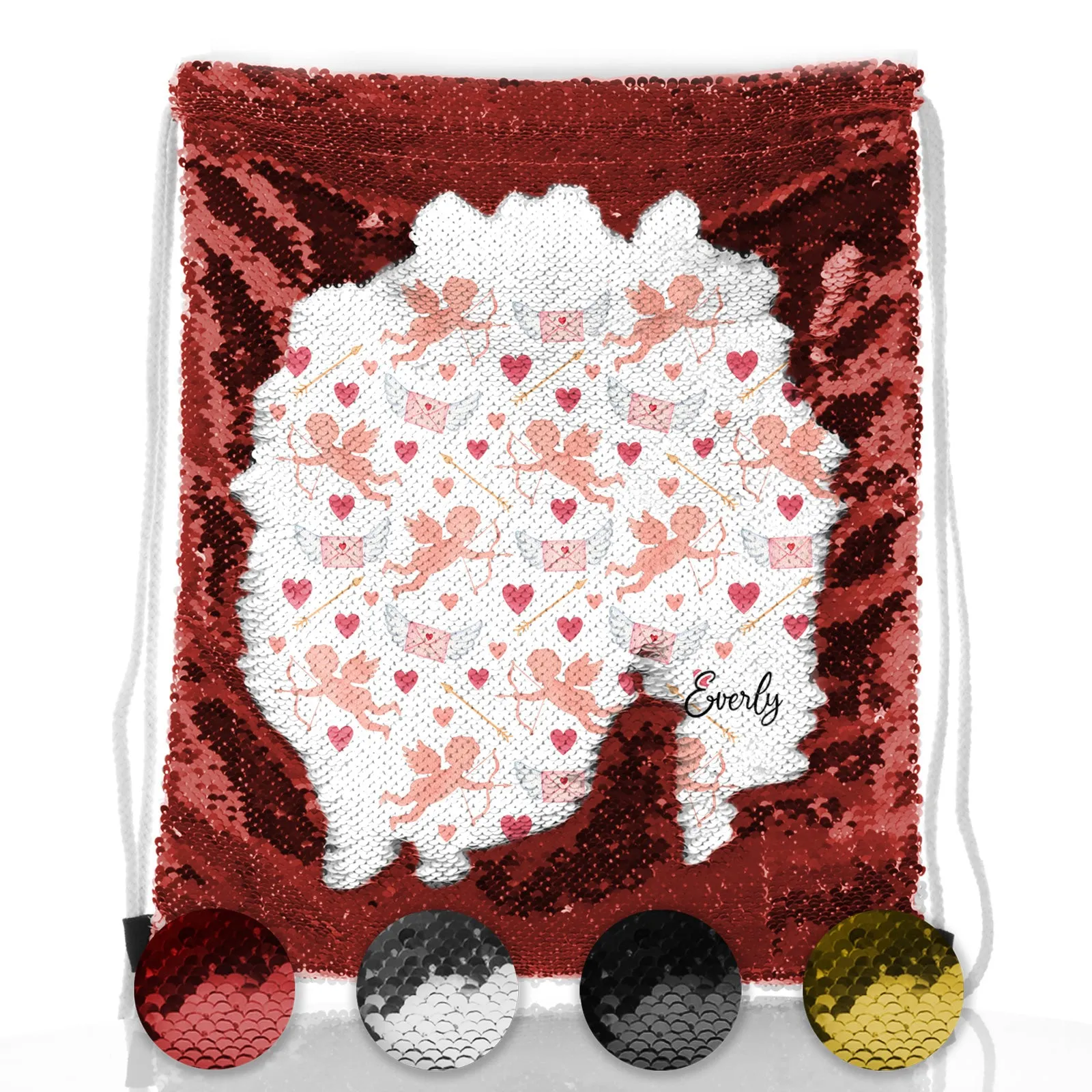 Personalised Sequin Drawstring Backpack with Stylish Text and Cupid Hearts Print