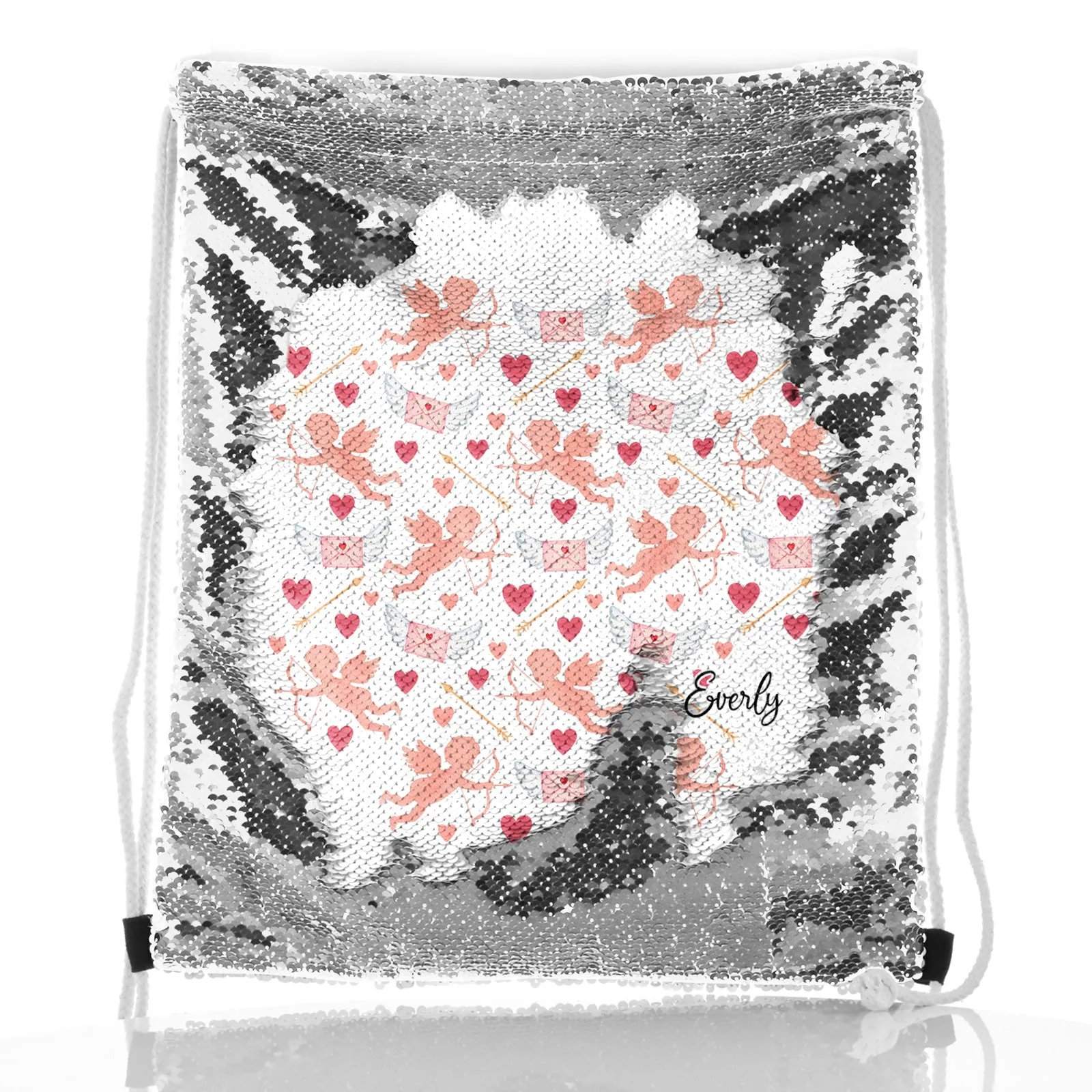 Personalised Sequin Drawstring Backpack with Stylish Text and Cupid Hearts Print