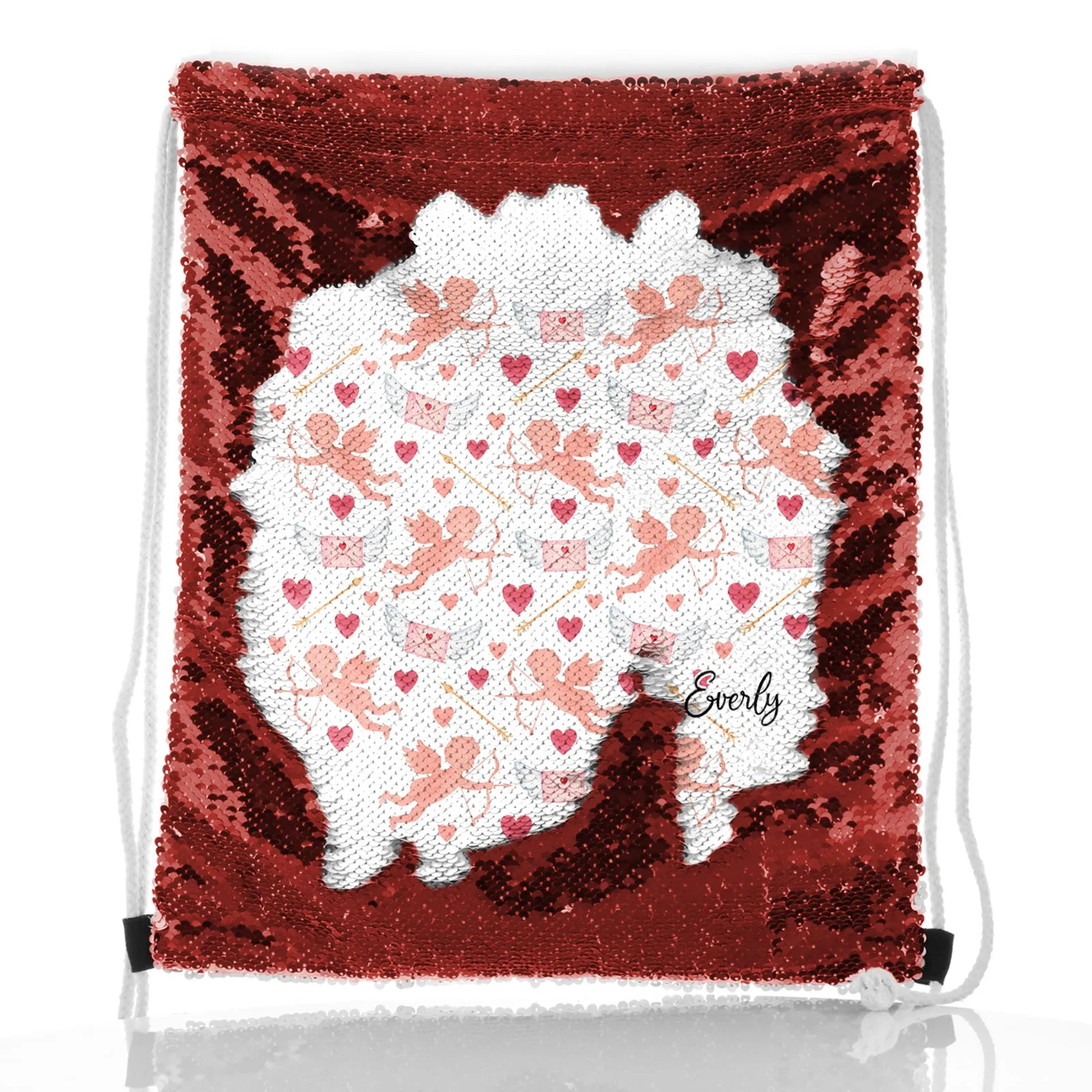Personalised Sequin Drawstring Backpack with Stylish Text and Cupid Hearts Print