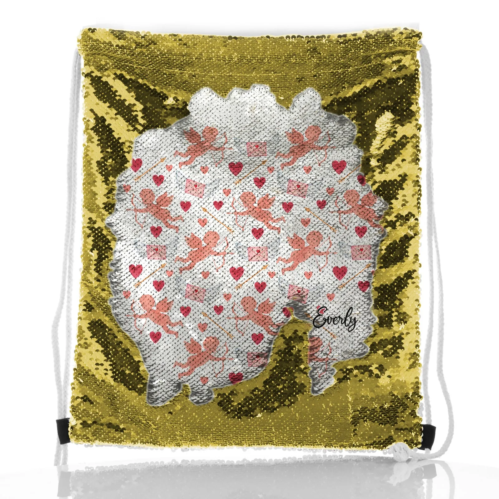 Personalised Sequin Drawstring Backpack with Stylish Text and Cupid Hearts Print