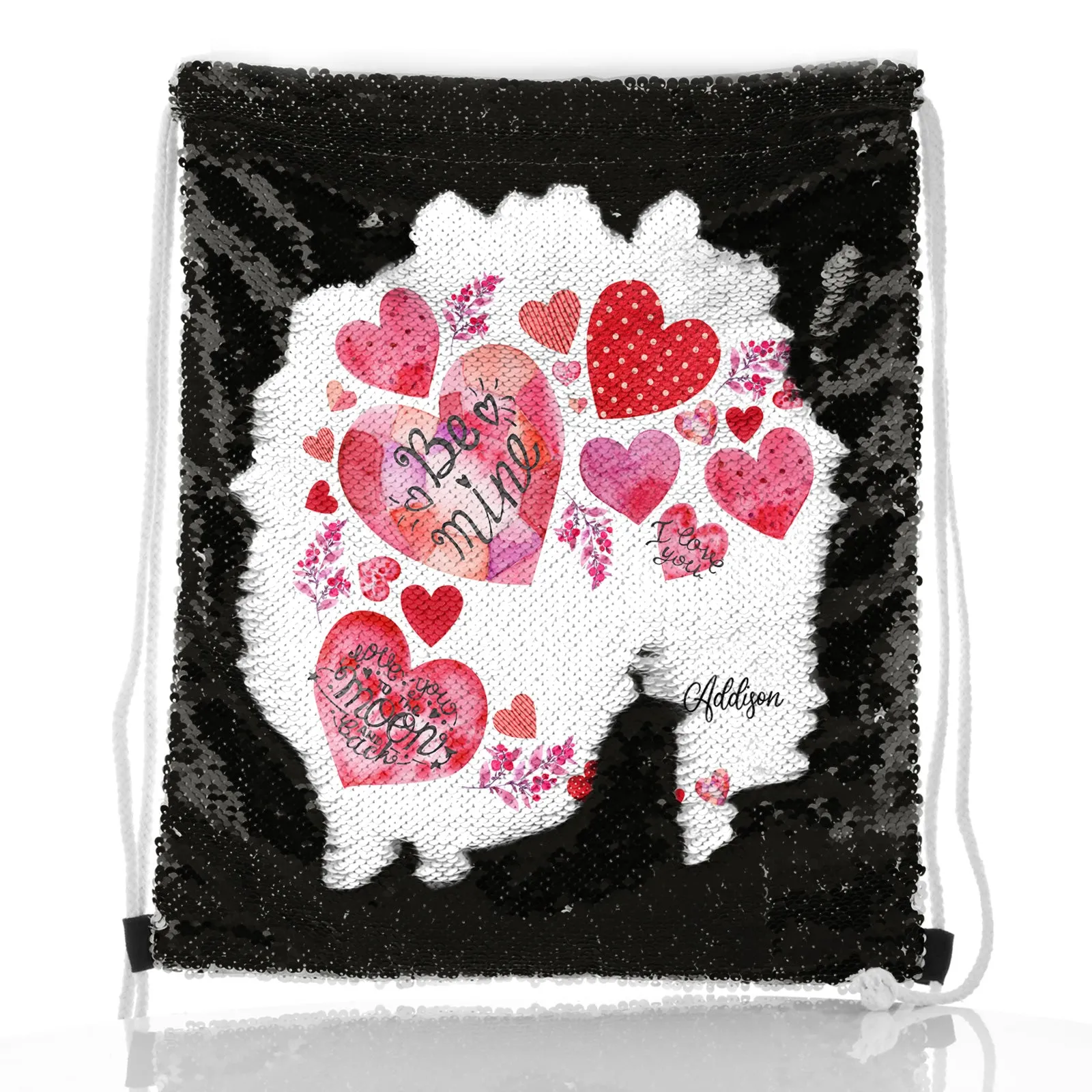 Personalised Sequin Drawstring Backpack with Stylish Text and Material Hearts Love Message Print