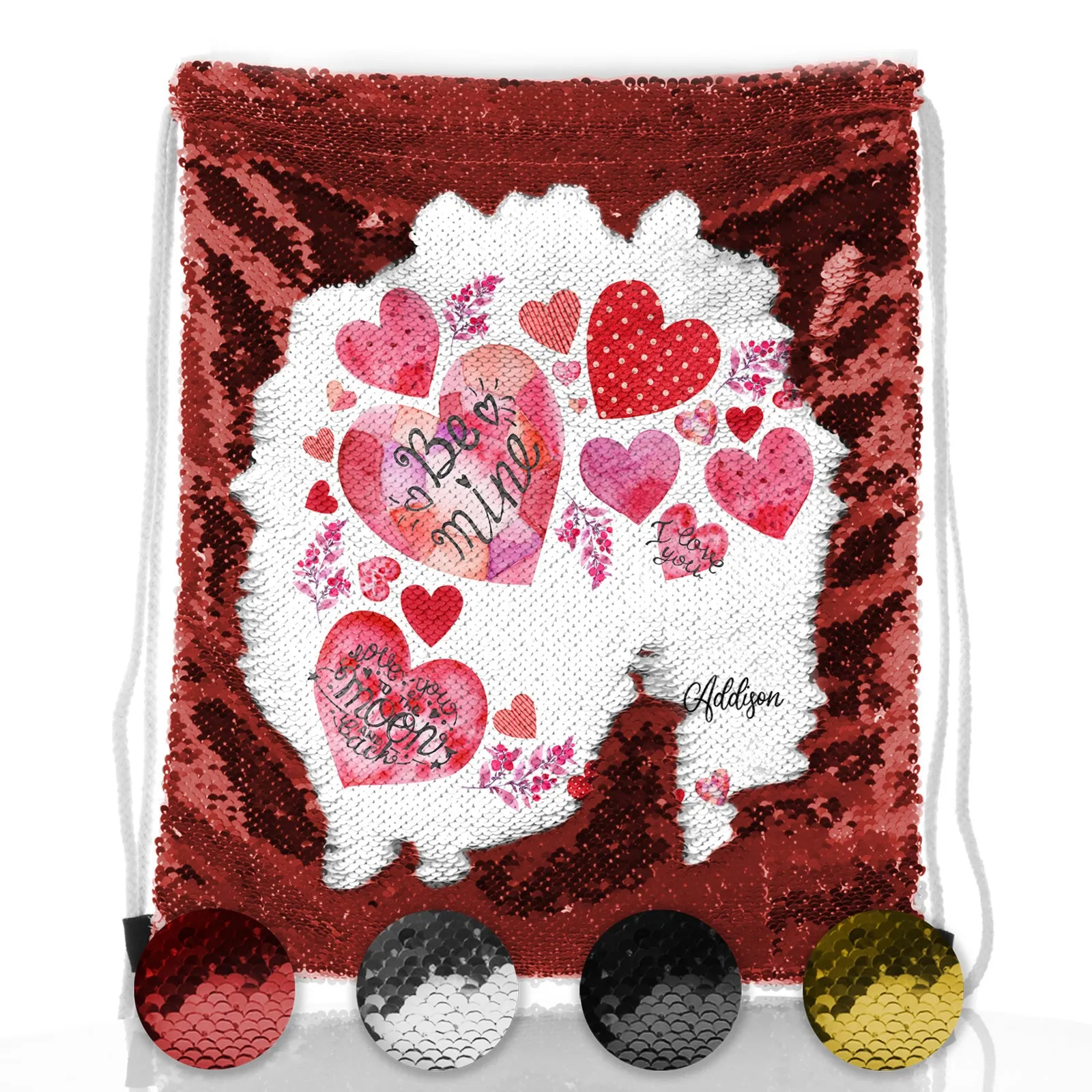 Personalised Sequin Drawstring Backpack with Stylish Text and Material Hearts Love Message Print