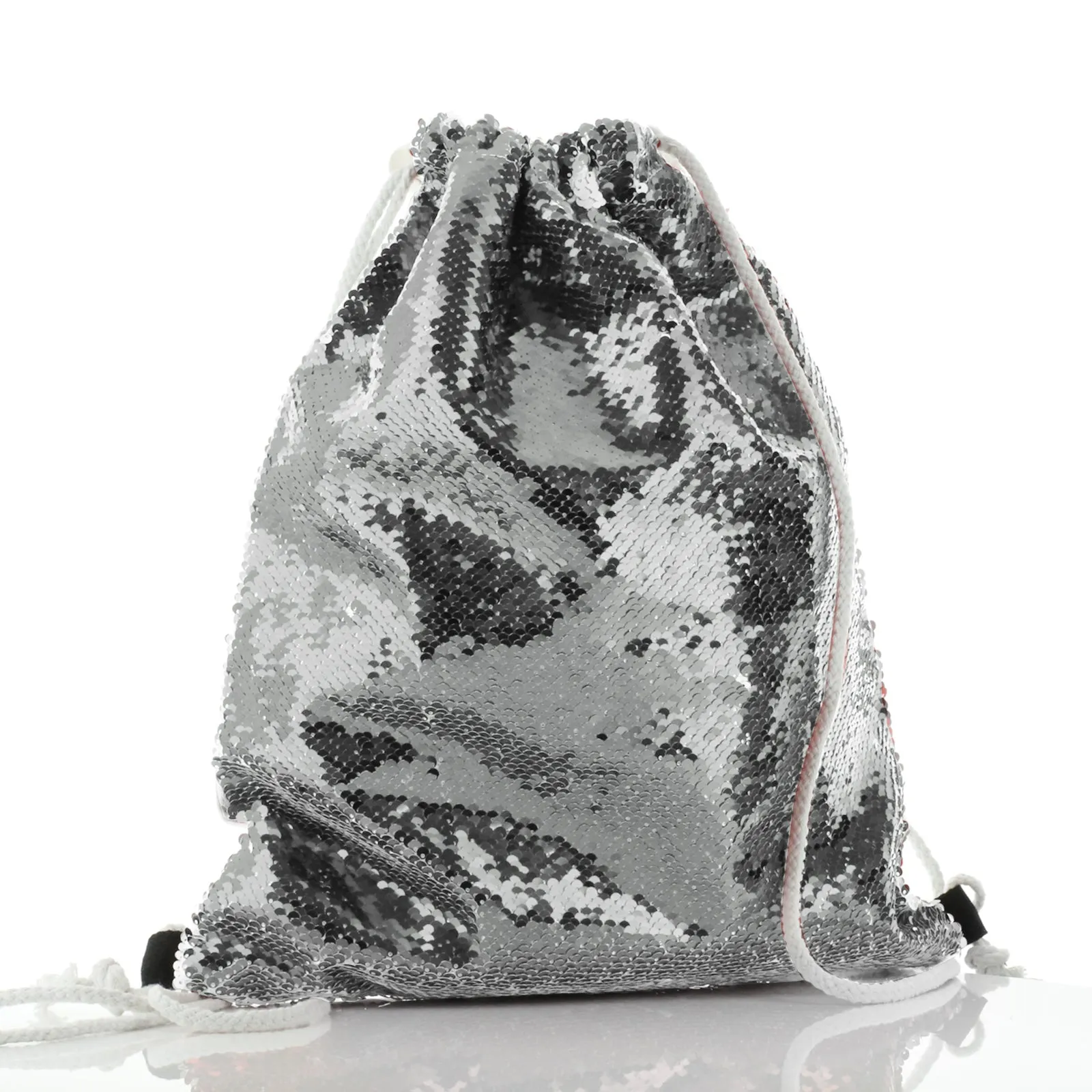 Personalised Sequin Drawstring Backpack with Stylish Text and Material Hearts Love Message Print