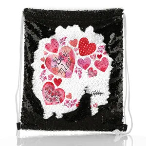 Personalised Sequin Drawstring Backpack with Stylish Text and Material Hearts Love Message Print