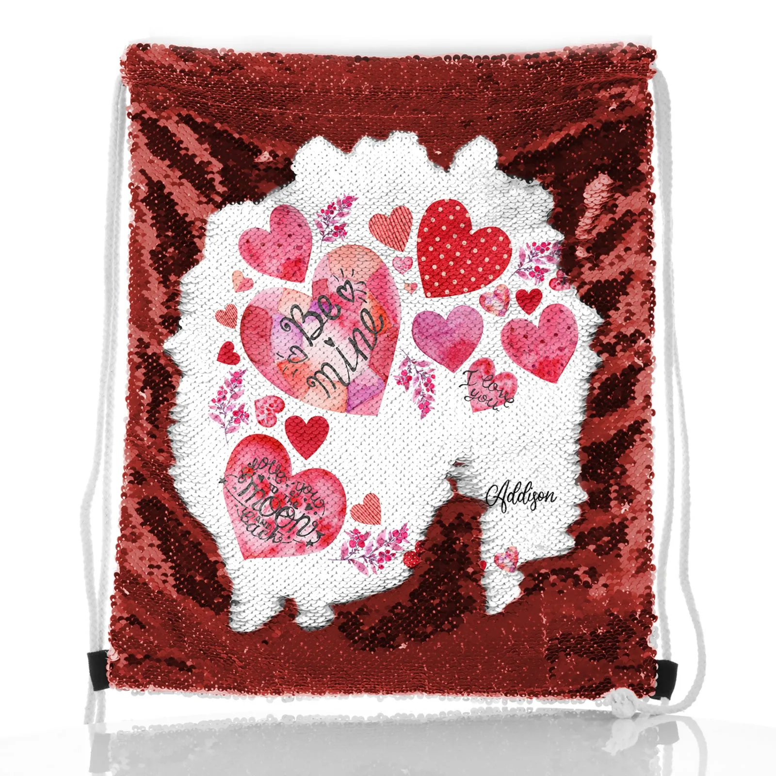 Personalised Sequin Drawstring Backpack with Stylish Text and Material Hearts Love Message Print