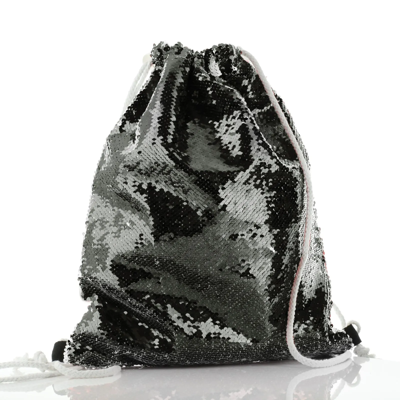 Personalised Sequin Drawstring Backpack with Stylish Text and Material Hearts Love Message Print