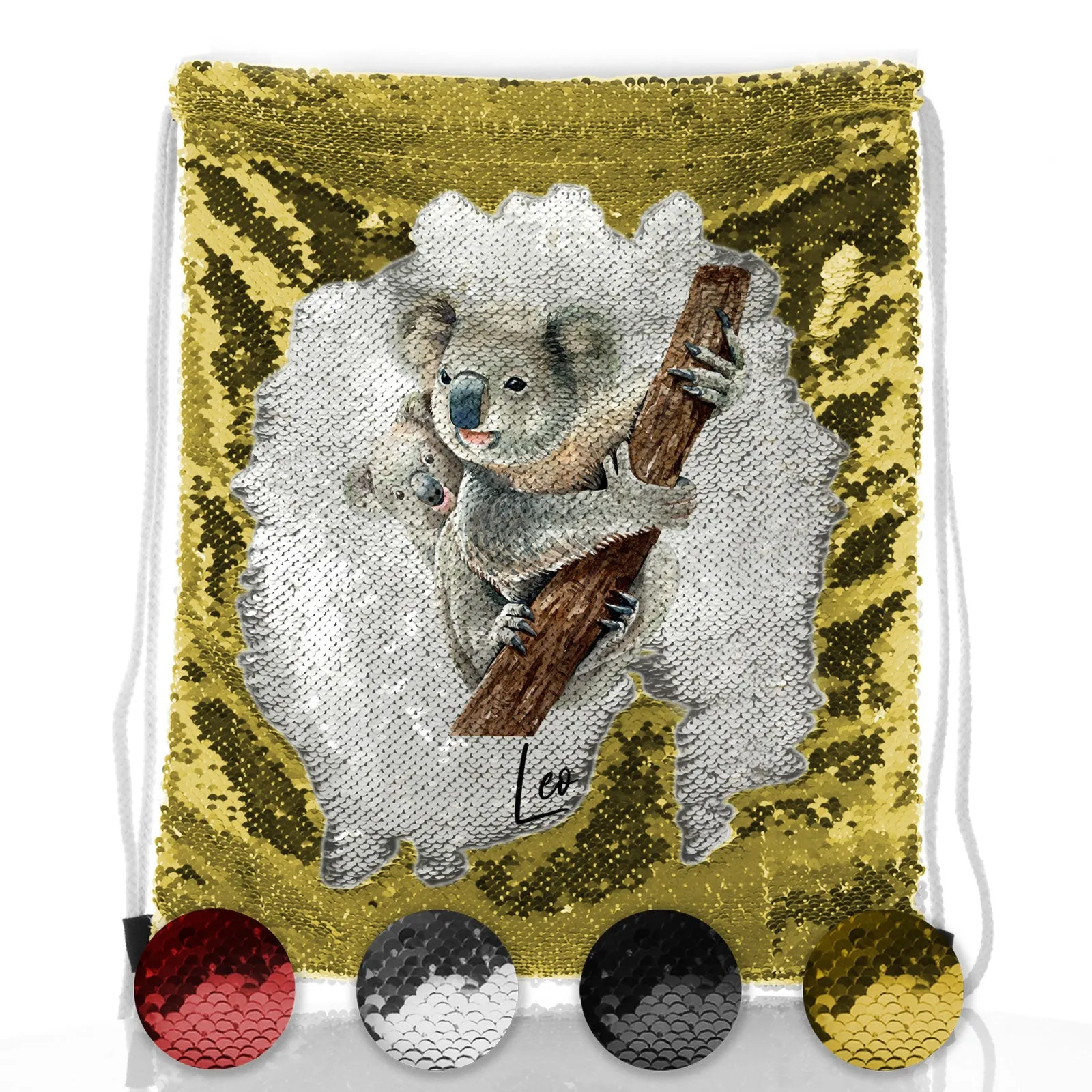 Personalised Sequin Drawstring Backpack with Welcoming Text and Climbing Mum and Baby Koalas