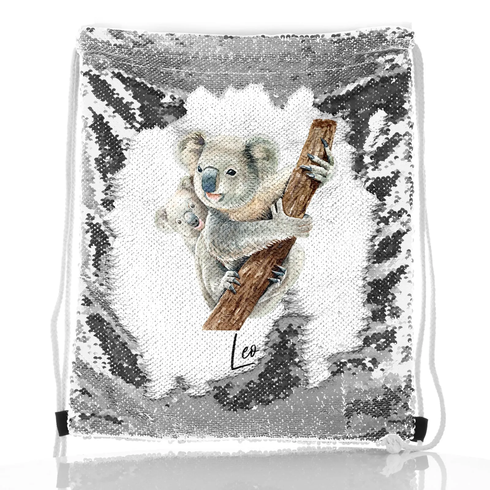 Personalised Sequin Drawstring Backpack with Welcoming Text and Climbing Mum and Baby Koalas