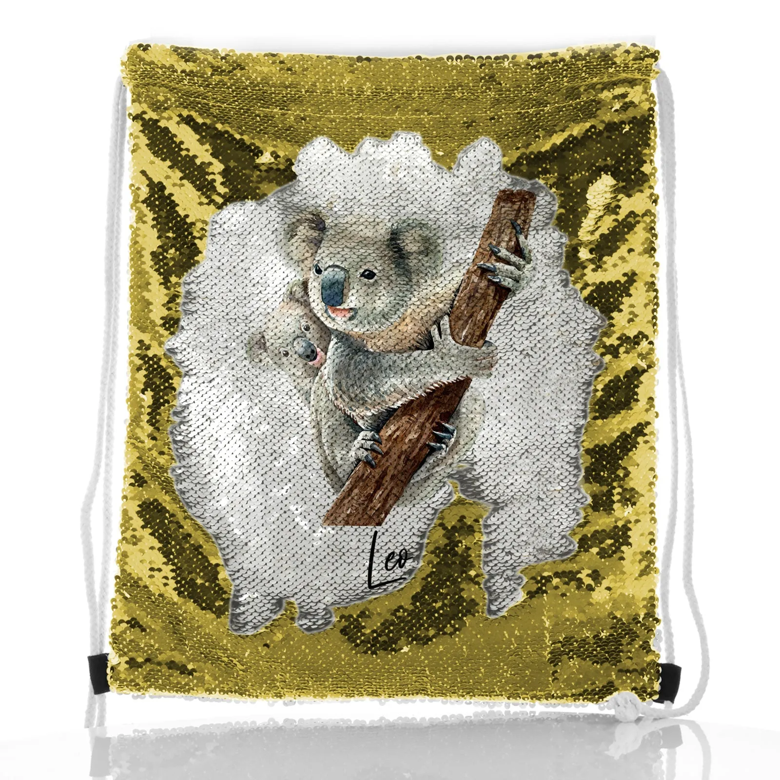 Personalised Sequin Drawstring Backpack with Welcoming Text and Climbing Mum and Baby Koalas
