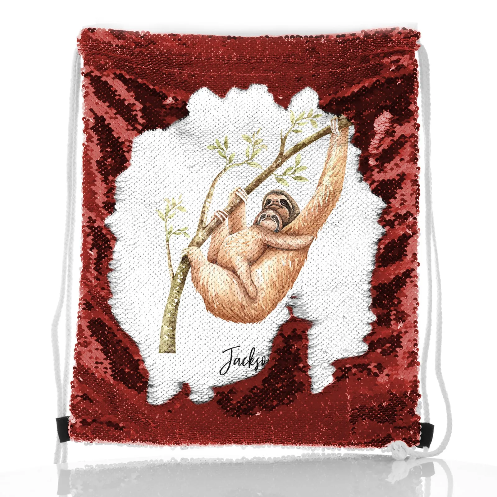 Personalised Sequin Drawstring Backpack with Welcoming Text and Climbing Mum and Baby Sloths