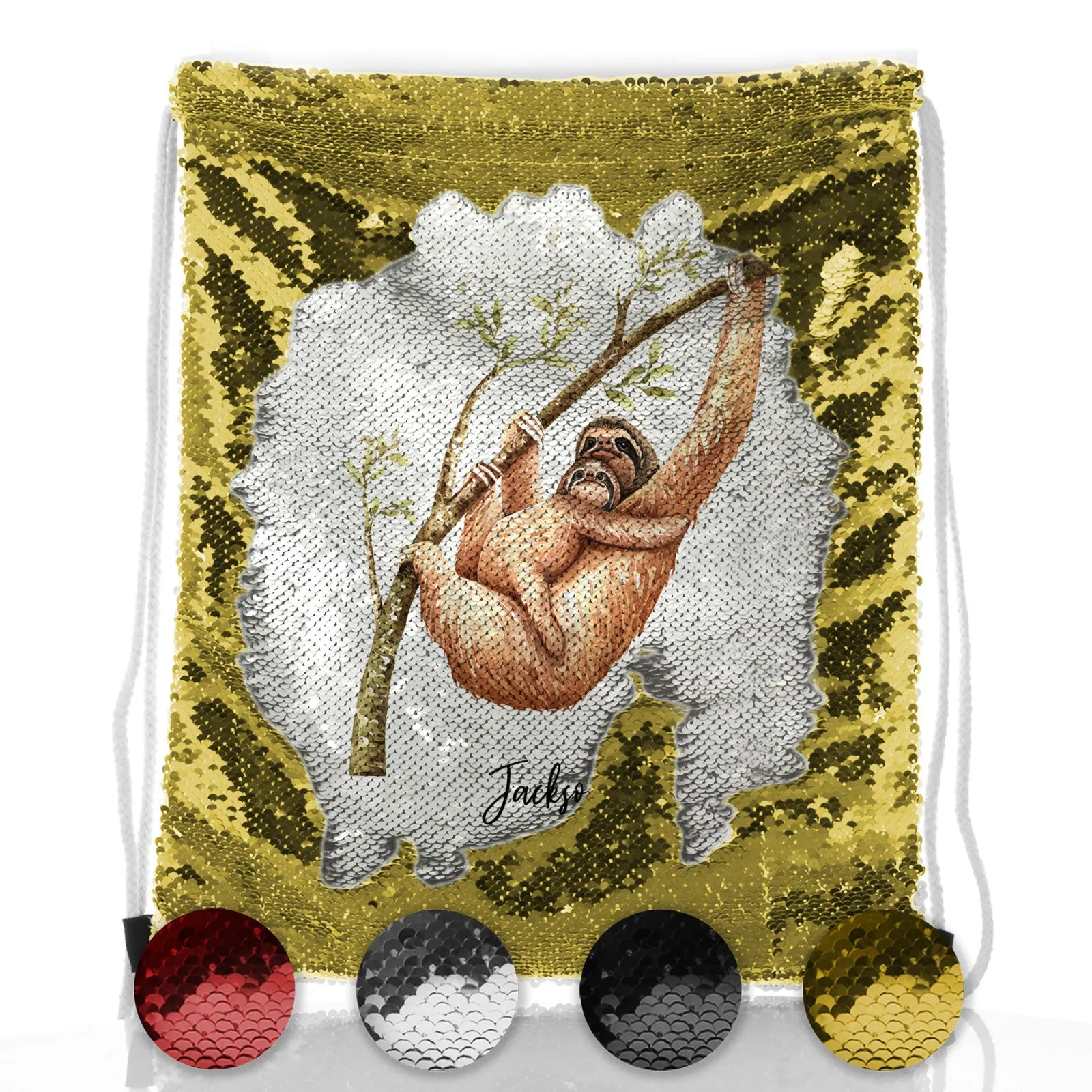 Personalised Sequin Drawstring Backpack with Welcoming Text and Climbing Mum and Baby Sloths