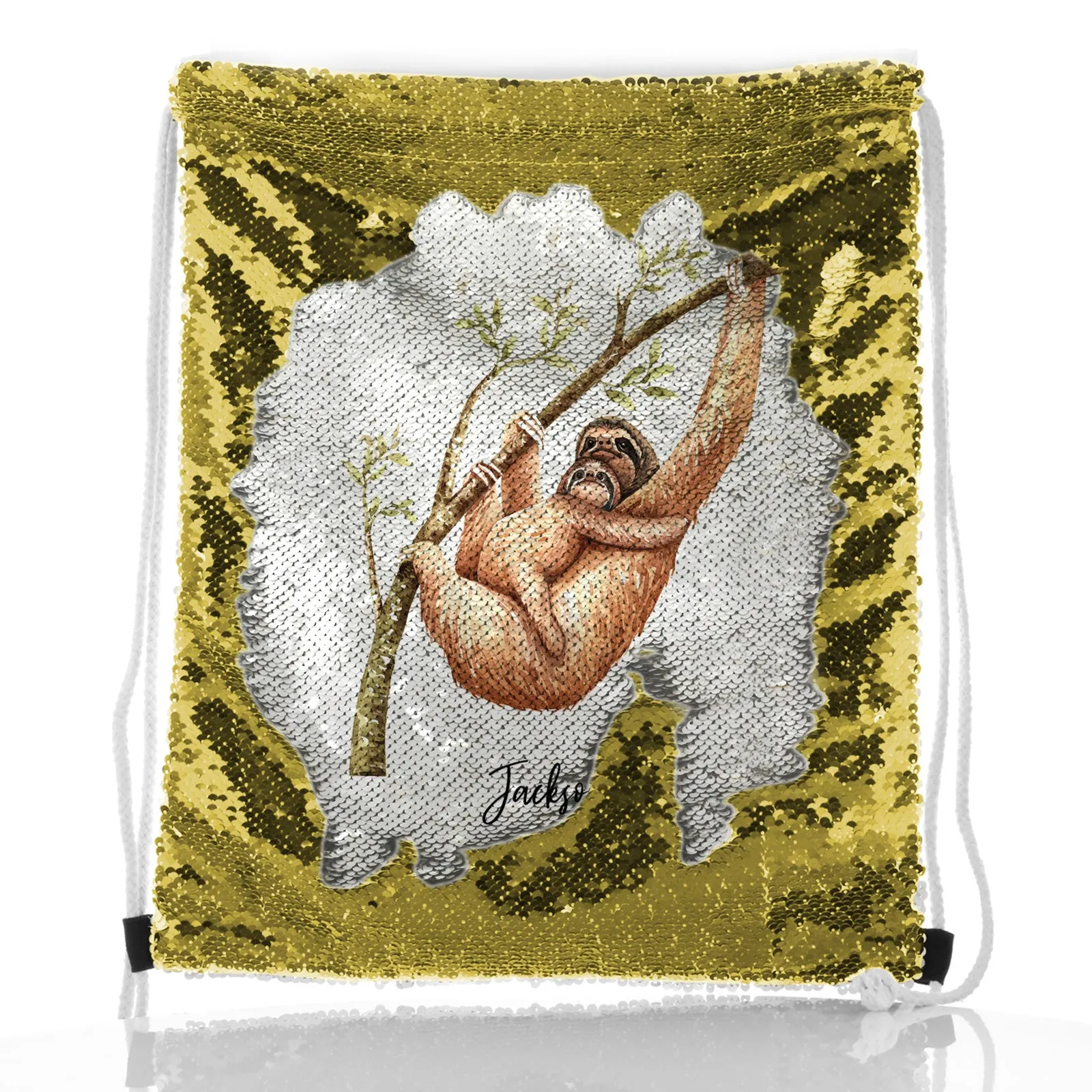 Personalised Sequin Drawstring Backpack with Welcoming Text and Climbing Mum and Baby Sloths