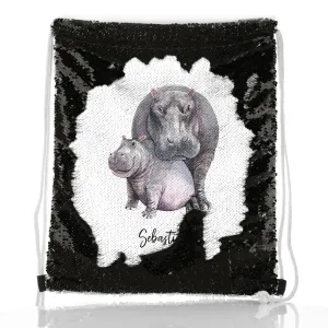 Personalised Sequin Drawstring Backpack with Welcoming Text and Embracing Mum and Baby Hippos