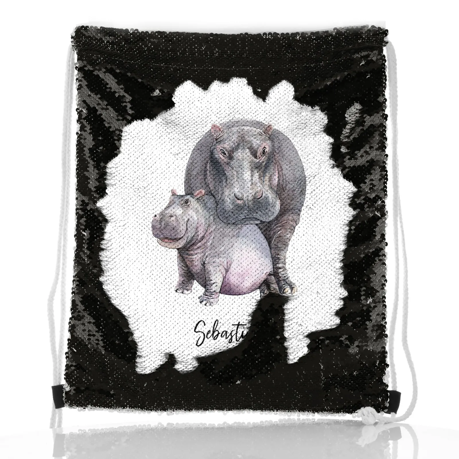 Personalised Sequin Drawstring Backpack with Welcoming Text and Embracing Mum and Baby Hippos