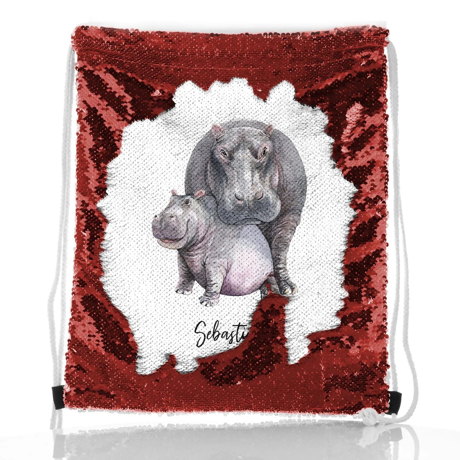 Personalised Sequin Drawstring Backpack with Welcoming Text and Embracing Mum and Baby Hippos
