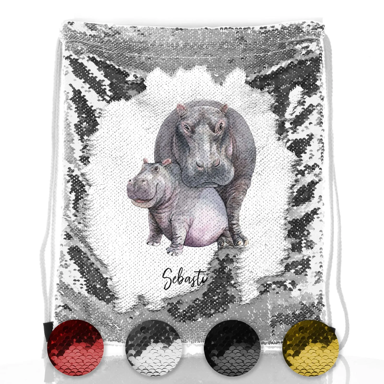 Personalised Sequin Drawstring Backpack with Welcoming Text and Embracing Mum and Baby Hippos