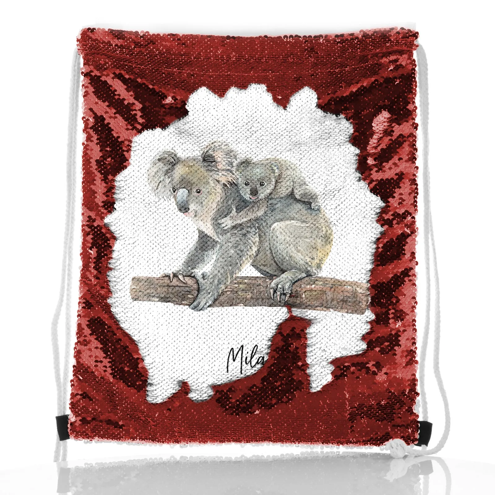 Personalised Sequin Drawstring Backpack with Welcoming Text and Embracing Mum and Baby Koalas
