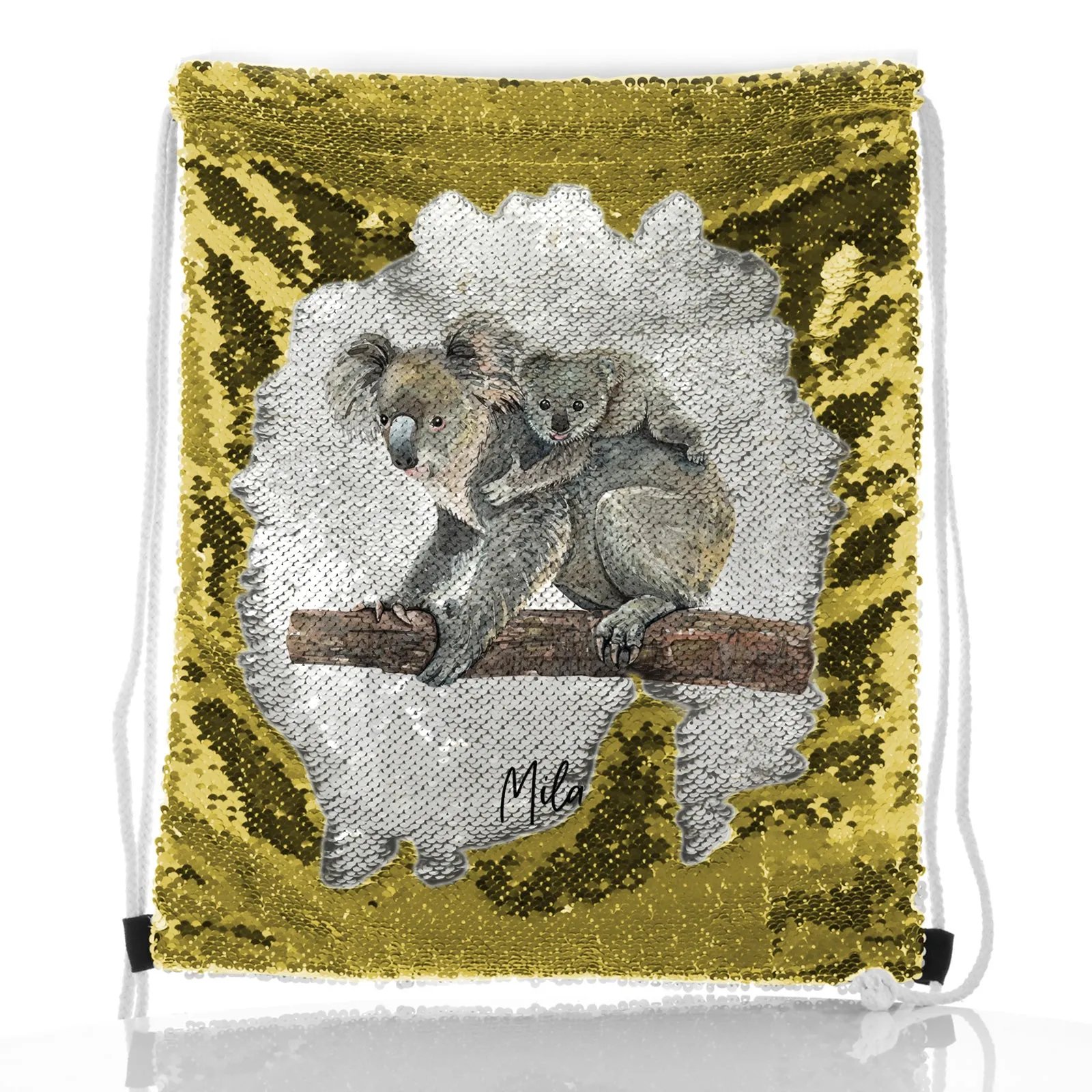 Personalised Sequin Drawstring Backpack with Welcoming Text and Embracing Mum and Baby Koalas