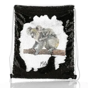 Personalised Sequin Drawstring Backpack with Welcoming Text and Embracing Mum and Baby Koalas