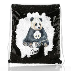 Personalised Sequin Drawstring Backpack with Welcoming Text and Relaxing Mum and Baby Pandas