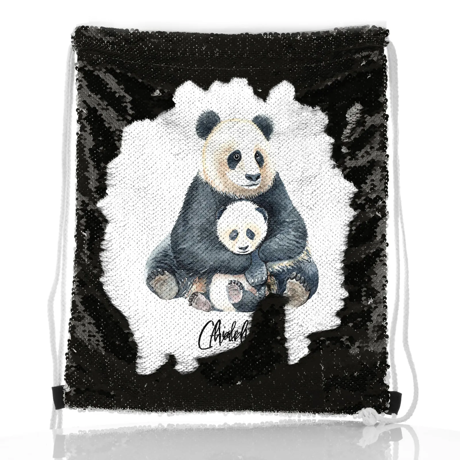 Personalised Sequin Drawstring Backpack with Welcoming Text and Relaxing Mum and Baby Pandas