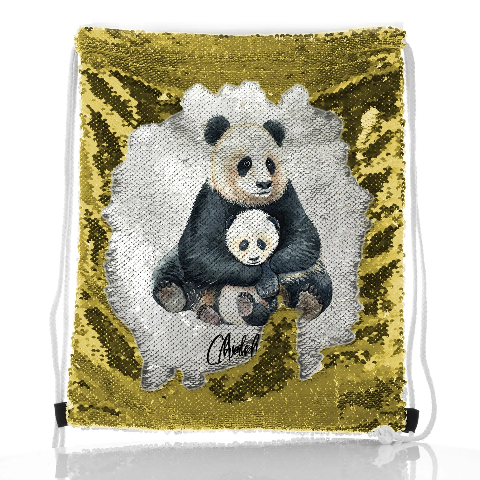 Personalised Sequin Drawstring Backpack with Welcoming Text and Relaxing Mum and Baby Pandas