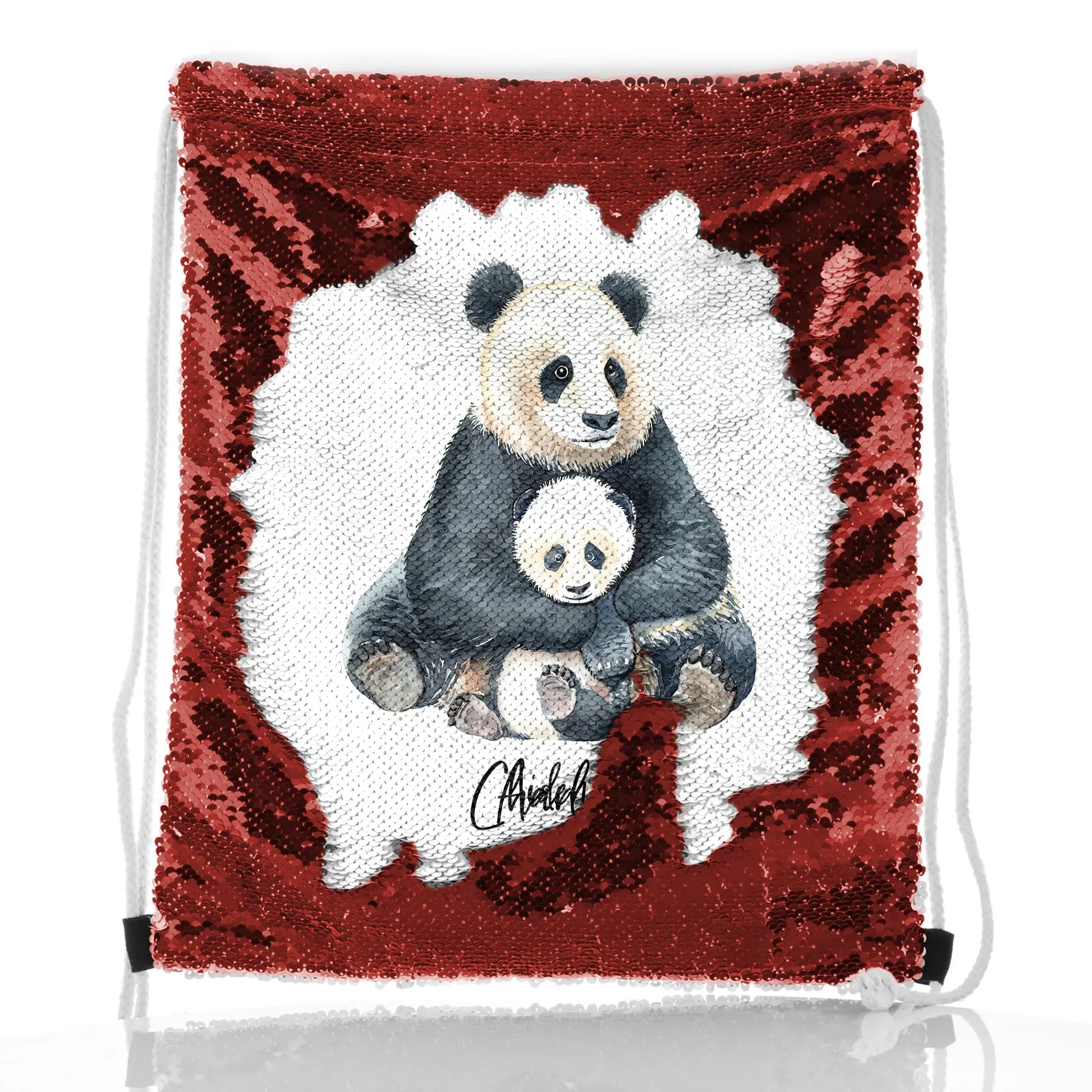 Personalised Sequin Drawstring Backpack with Welcoming Text and Relaxing Mum and Baby Pandas