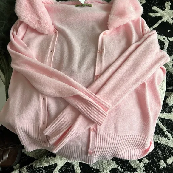 Pink Faux Fur Collar Cardigan