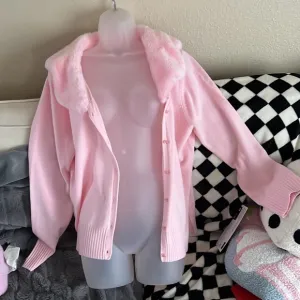Pink Faux Fur Collar Cardigan
