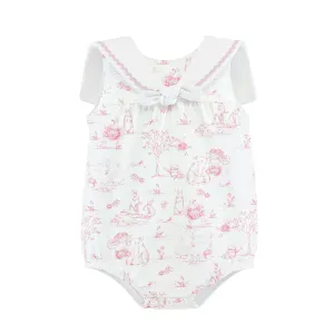 Pink Toile Bunnies Printed Bubble with Sailor Collar