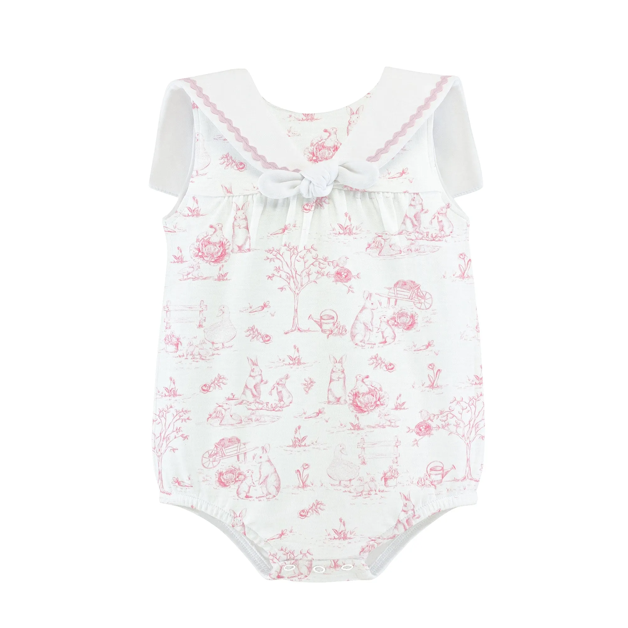 Pink Toile Bunnies Printed Bubble with Sailor Collar