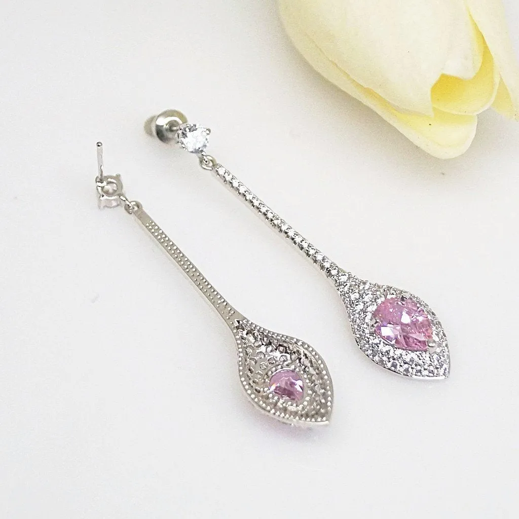 Pink Tourmaline Designer Long Dangle Earrings
