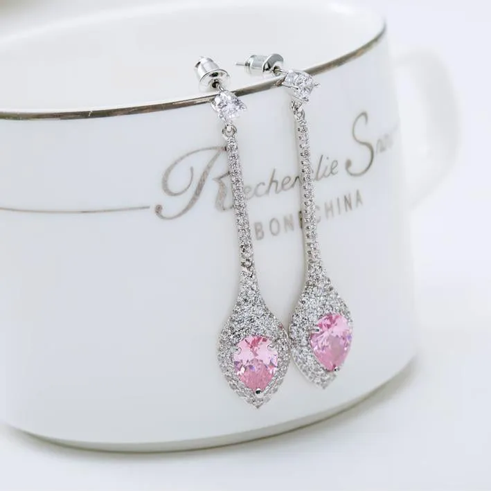 Pink Tourmaline Designer Long Dangle Earrings