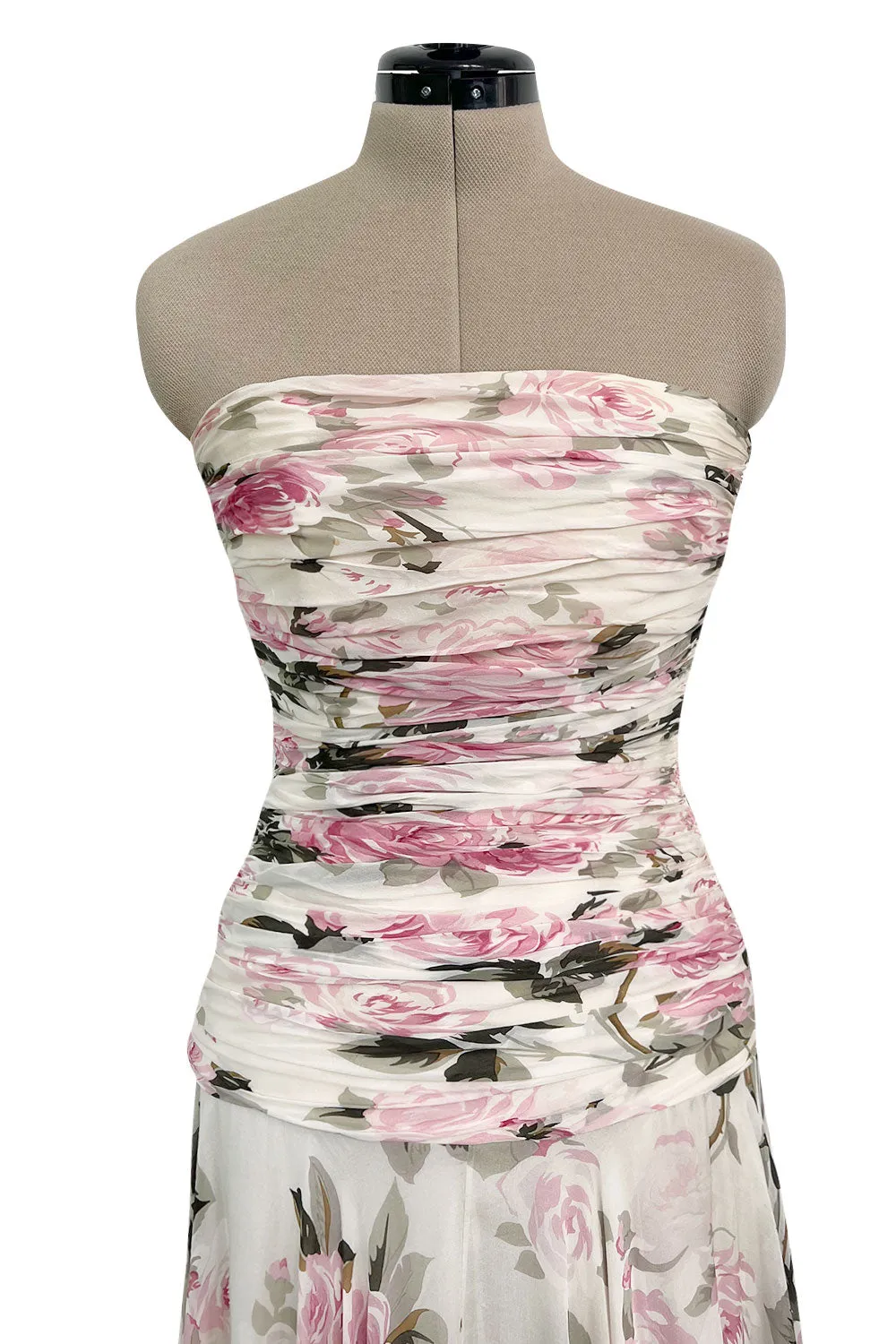 Prettiest 1970s Lanvin Couture Pastel Floral Print Strapless Silk Chiffon Dress w Balloon Sleeve Jacket
