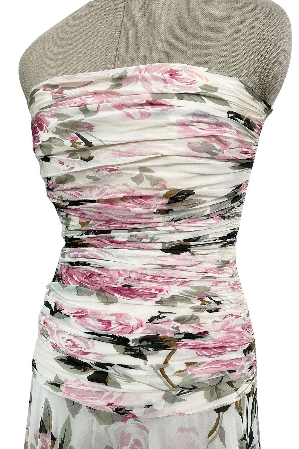 Prettiest 1970s Lanvin Couture Pastel Floral Print Strapless Silk Chiffon Dress w Balloon Sleeve Jacket