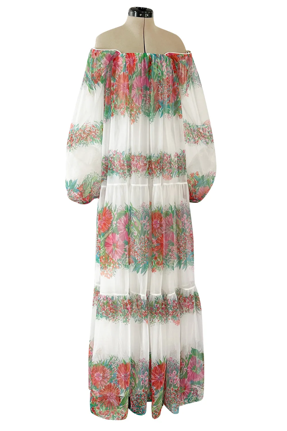 Prettiest 1970s Victor Costa Off Shoulder Floral Print Chiffon Caftan Dress