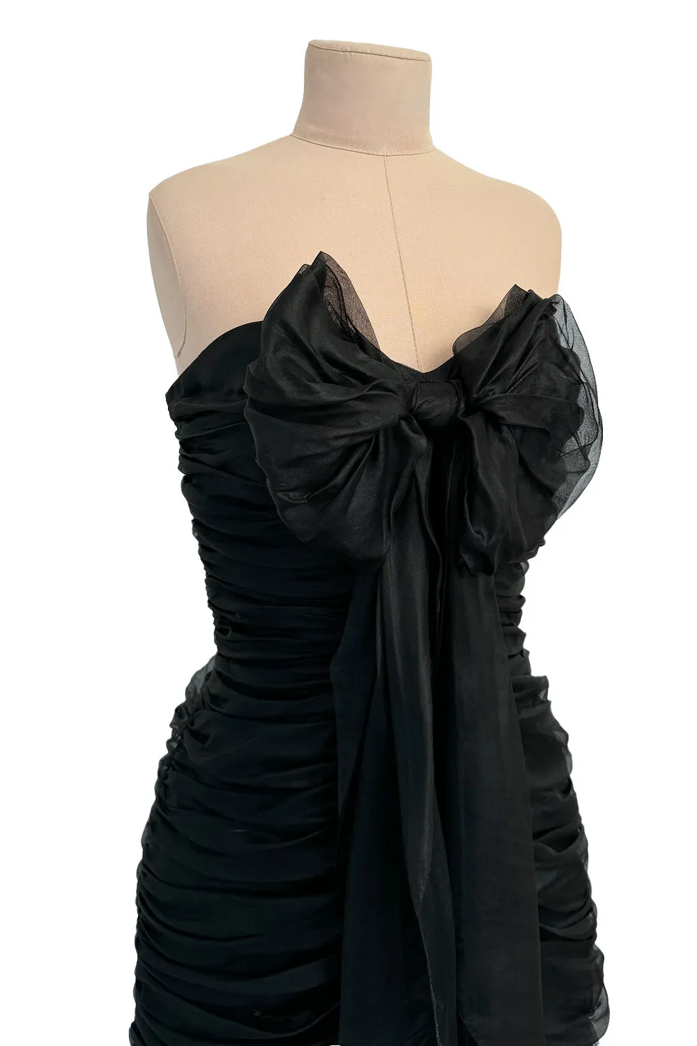 Prettiest Spring 1985 Chloe by Karl Lagerfeld Black Silk Organza Strapless Dress w Bow Detailing