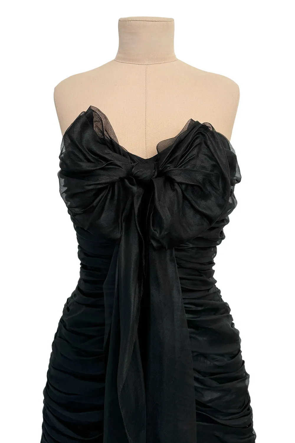 Prettiest Spring 1985 Chloe by Karl Lagerfeld Black Silk Organza Strapless Dress w Bow Detailing