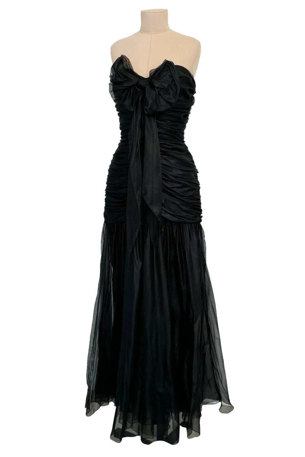 Prettiest Spring 1985 Chloe by Karl Lagerfeld Black Silk Organza Strapless Dress w Bow Detailing