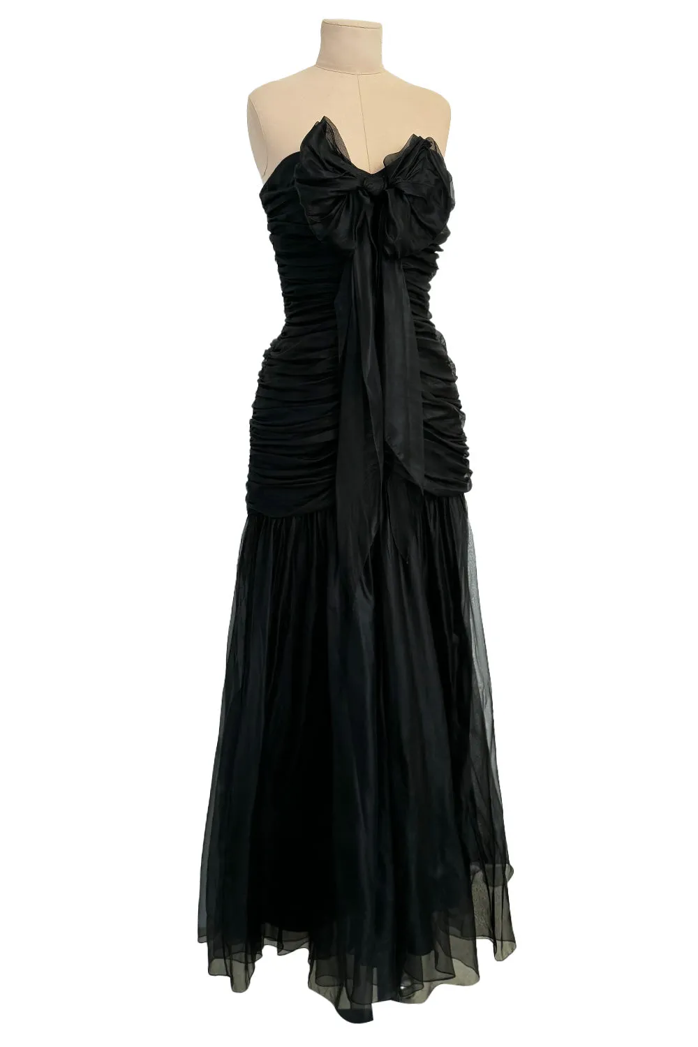 Prettiest Spring 1985 Chloe by Karl Lagerfeld Black Silk Organza Strapless Dress w Bow Detailing
