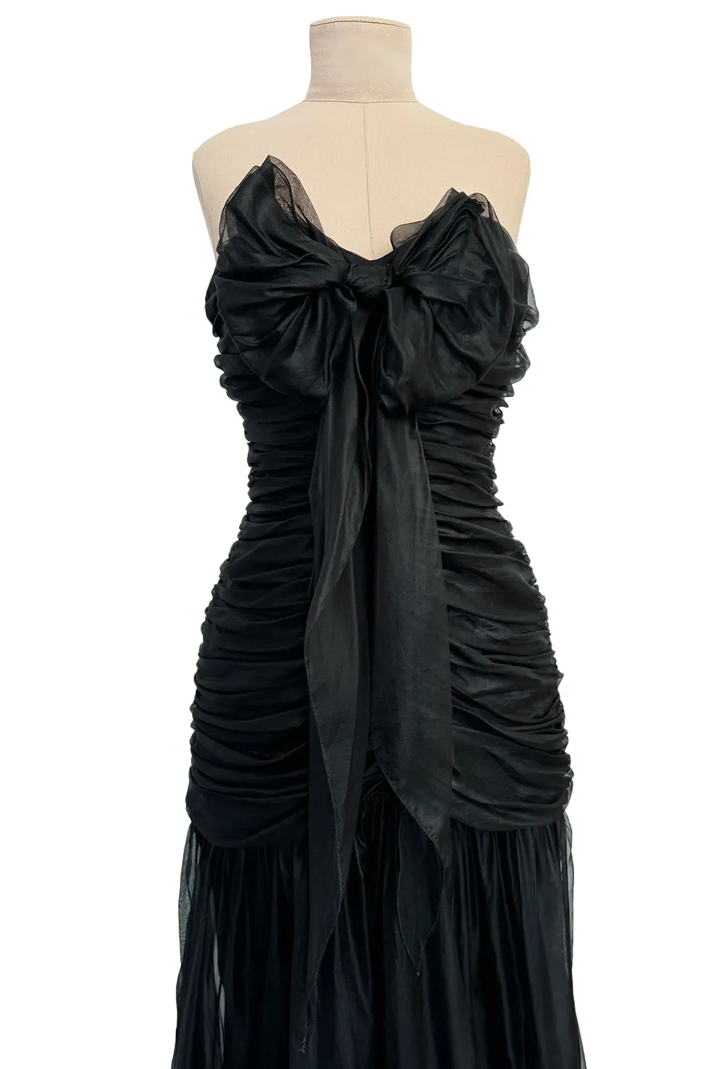 Prettiest Spring 1985 Chloe by Karl Lagerfeld Black Silk Organza Strapless Dress w Bow Detailing