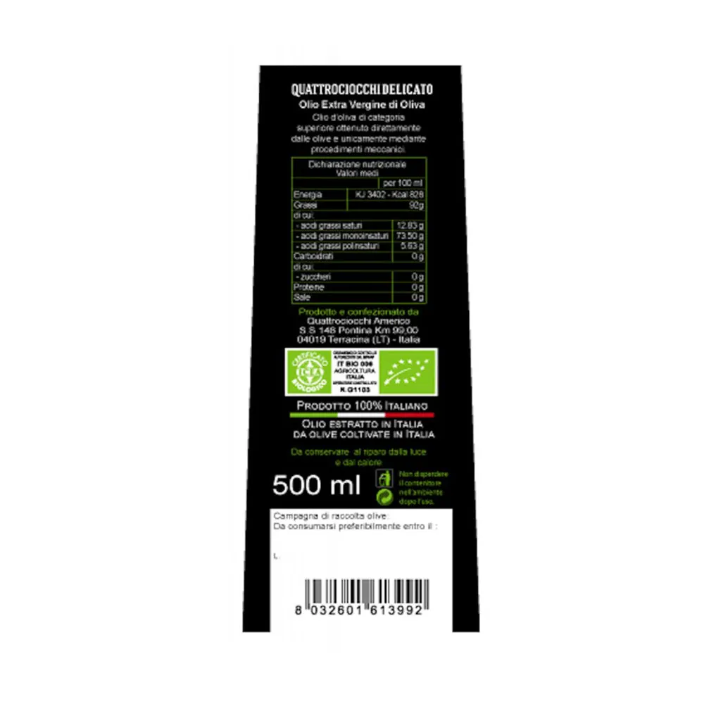 Quattrociocchi Delicato Bio Extra Virgin Olive Oil (500ml) - 100% Leccino