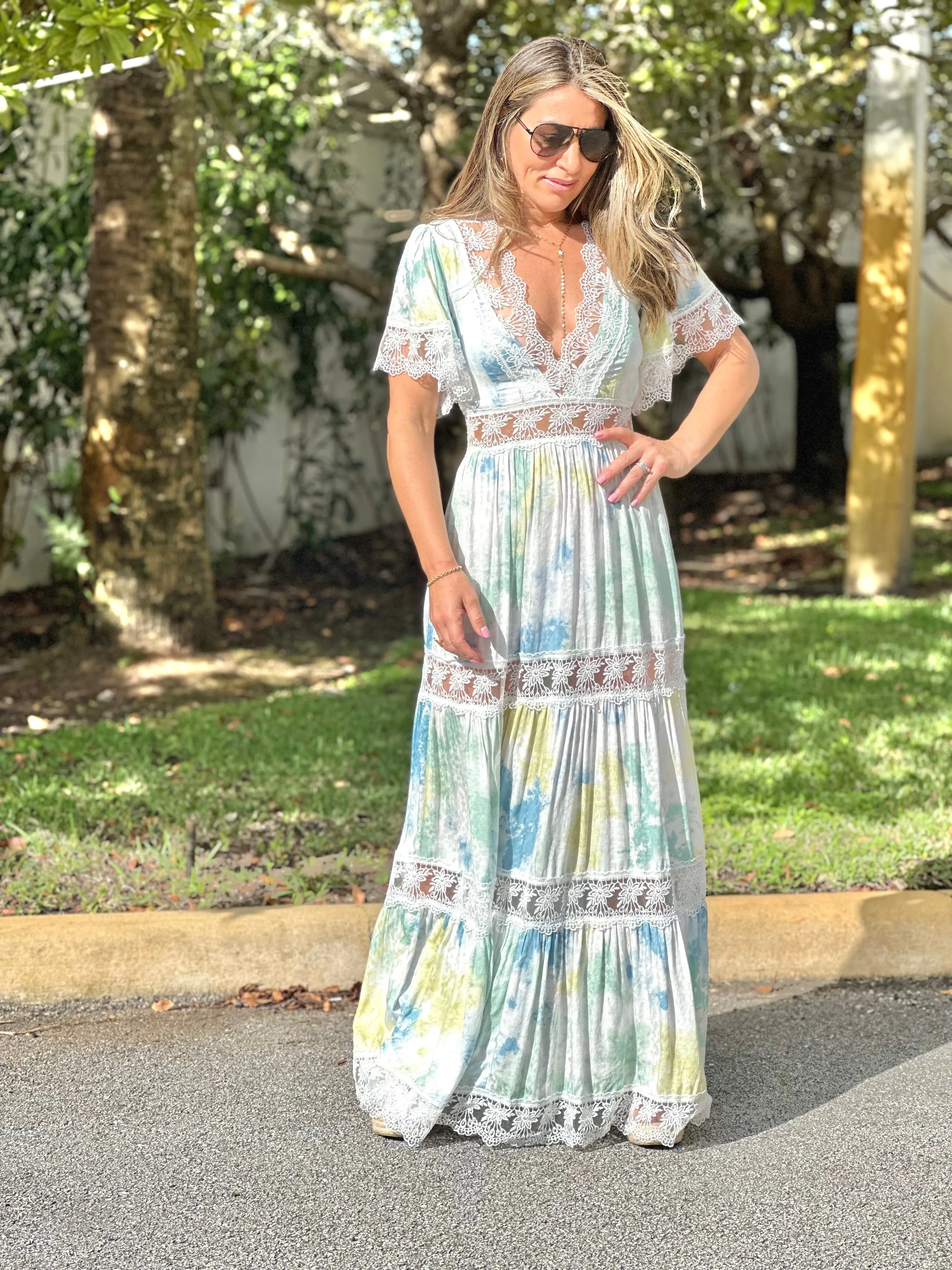 "Alma" Tie Dye V-Neck Angel Sleeve Lace Maxi Dress
