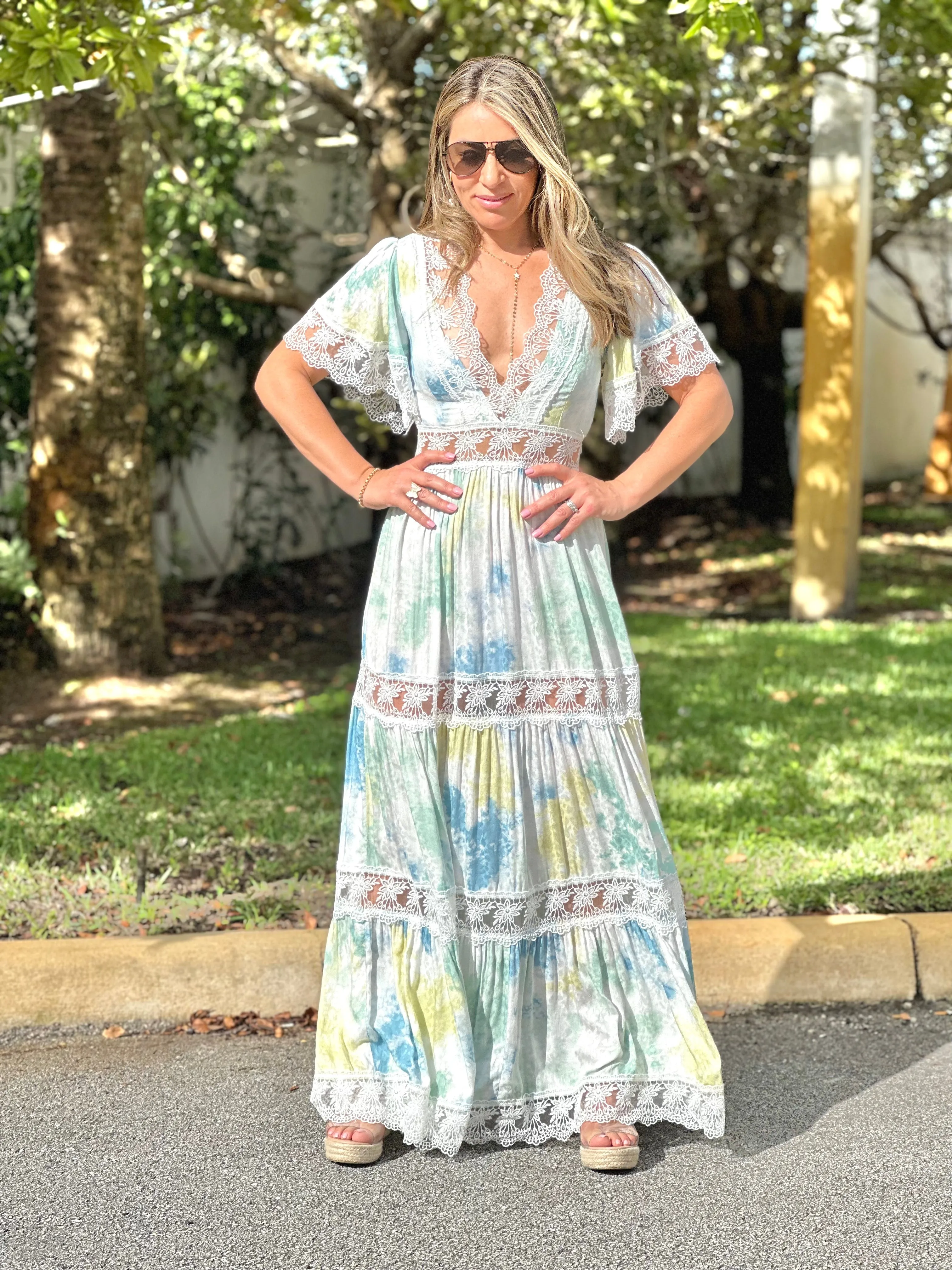 "Alma" Tie Dye V-Neck Angel Sleeve Lace Maxi Dress