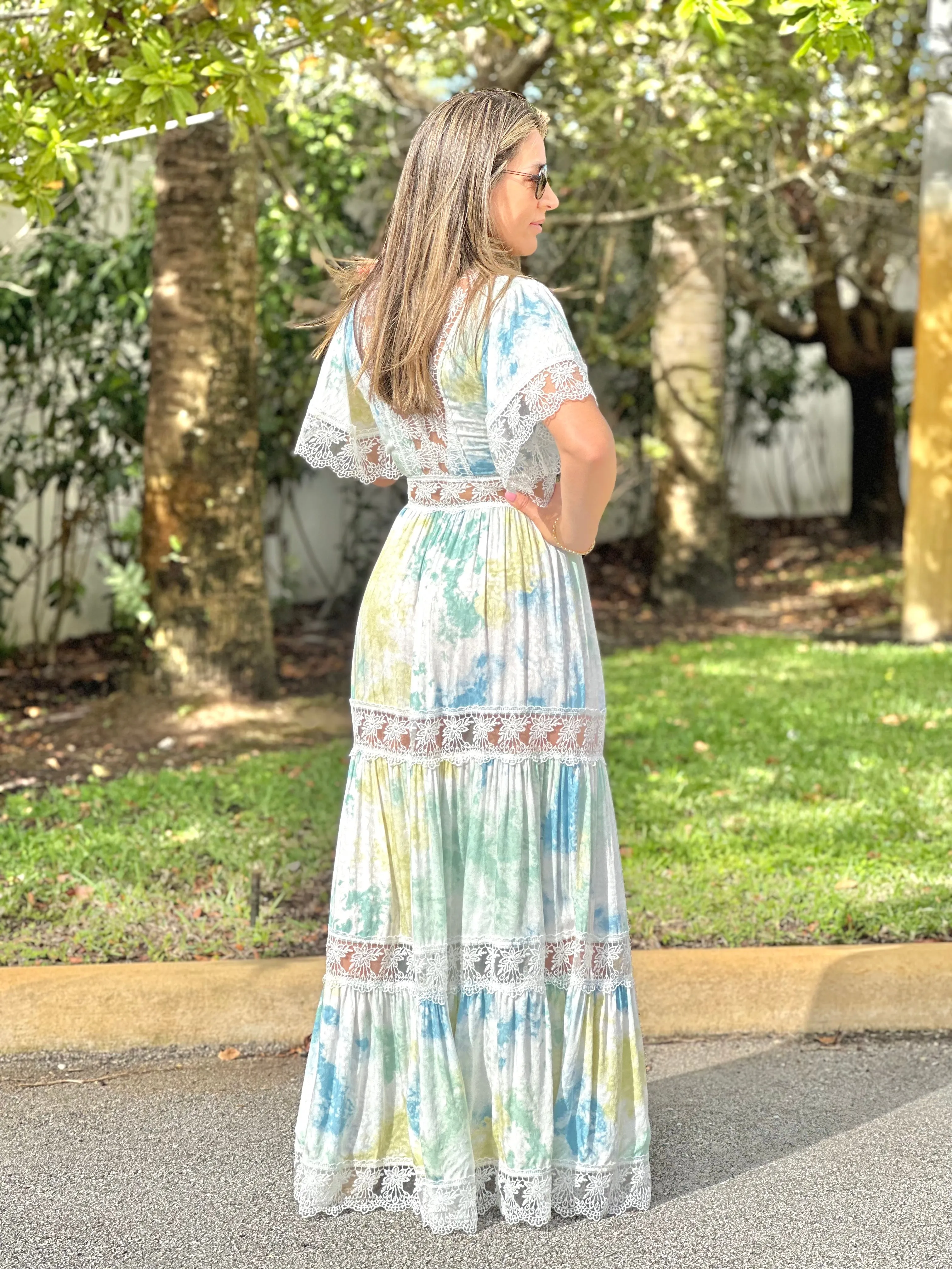"Alma" Tie Dye V-Neck Angel Sleeve Lace Maxi Dress