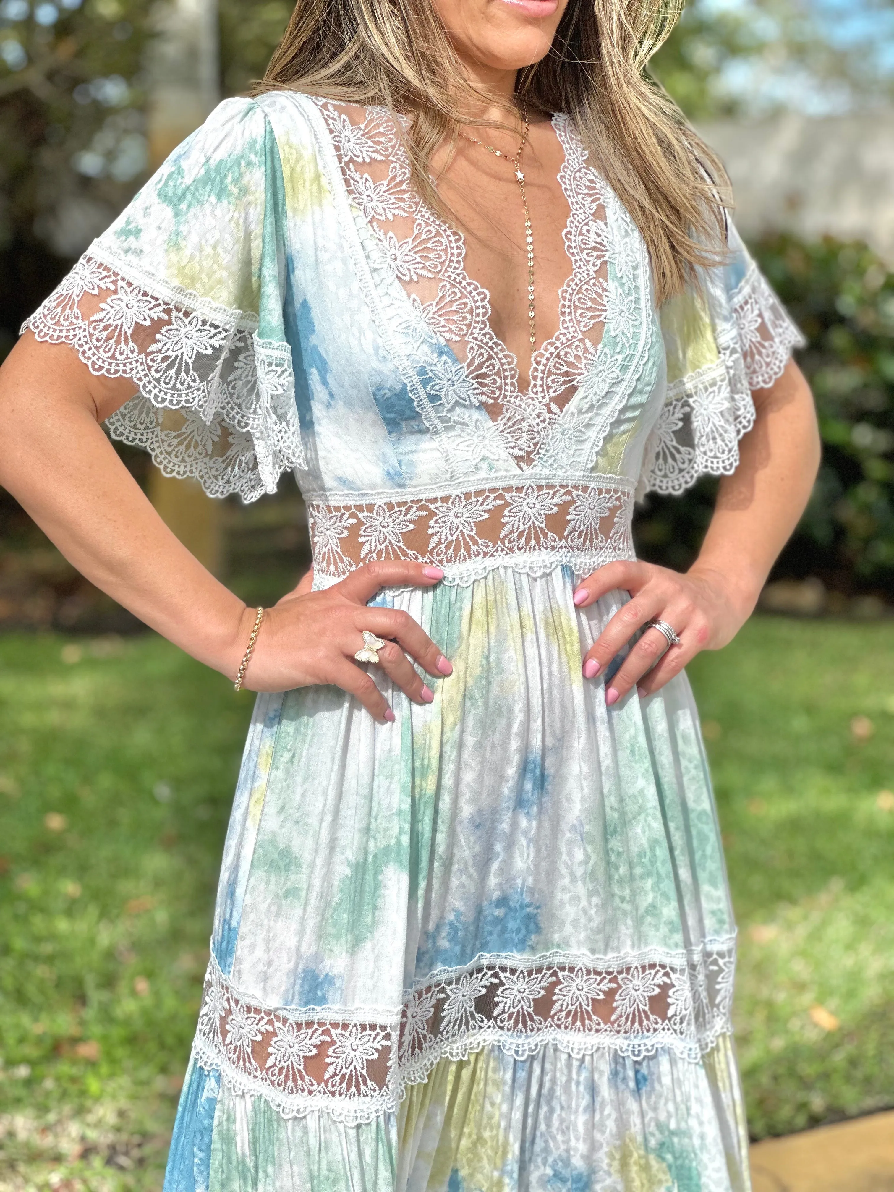 "Alma" Tie Dye V-Neck Angel Sleeve Lace Maxi Dress