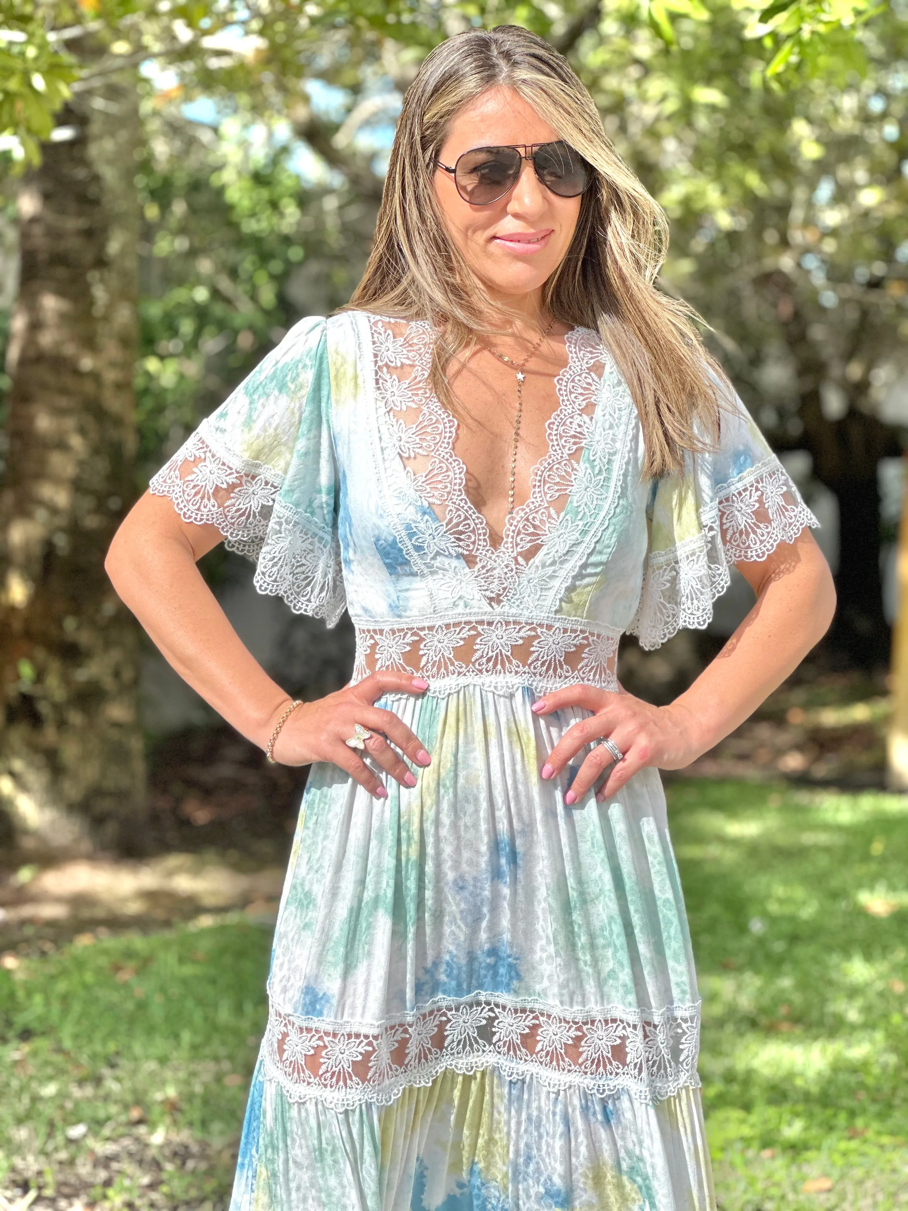 "Alma" Tie Dye V-Neck Angel Sleeve Lace Maxi Dress