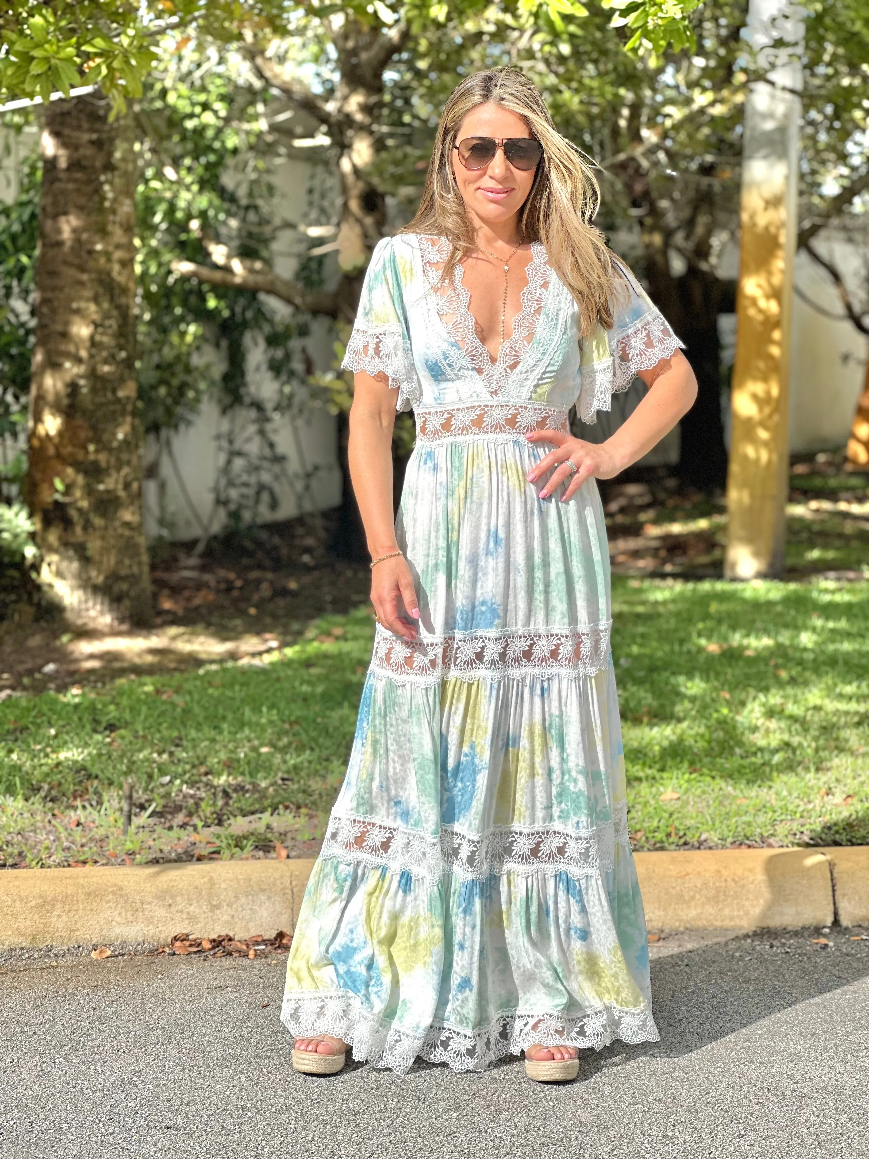 "Alma" Tie Dye V-Neck Angel Sleeve Lace Maxi Dress